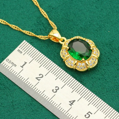 Nuevos conjuntos de joyas de color dorado para mujer, boda, pulsera de circonita verde, pendientes con clip para la oreja, collar, colgante, anillo, regalo, 4 piezas