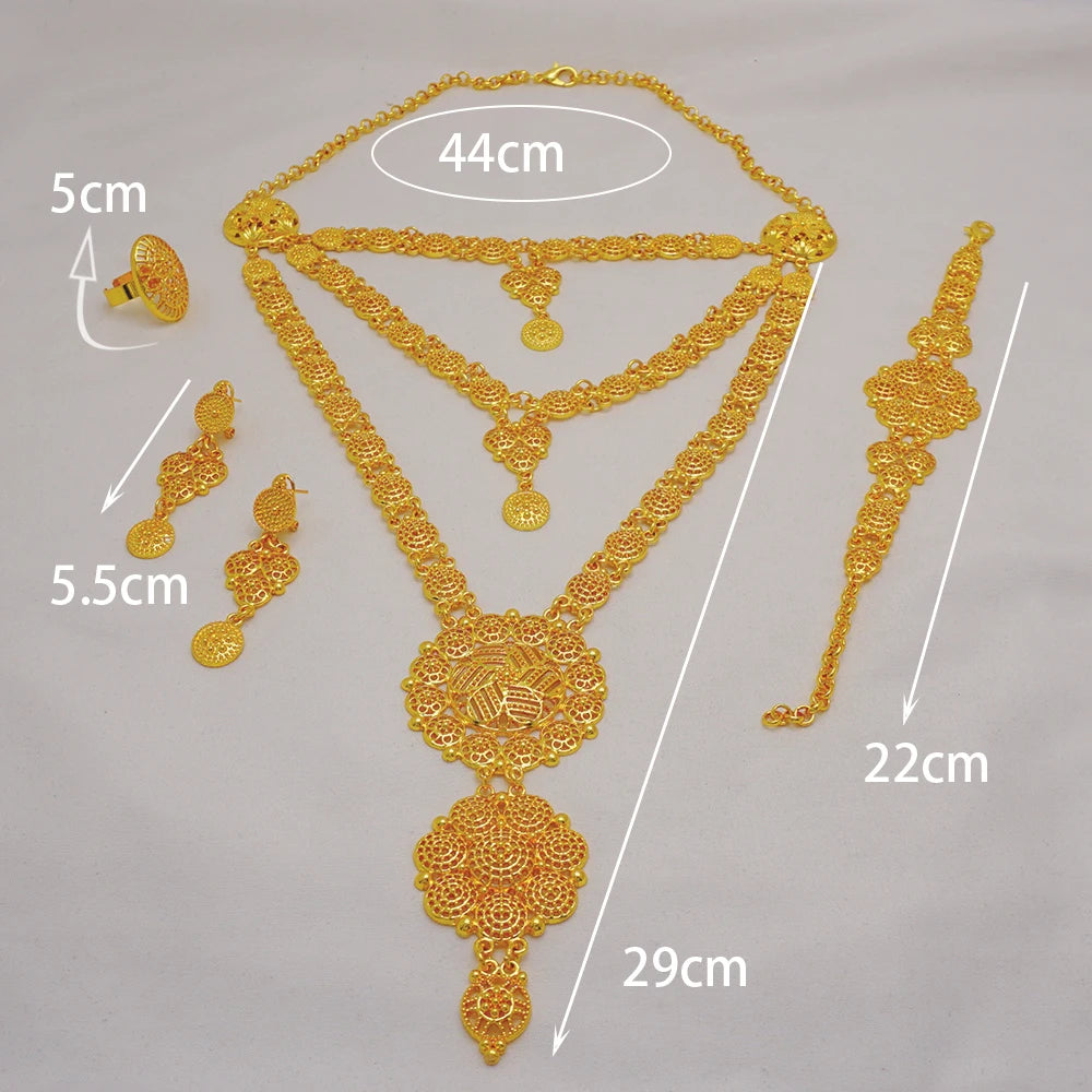 Arabic Dubai Jewelry Set for Women Earrings Ethiopian African Long Chain Gold Color Necklace Wedding Bridal Gift