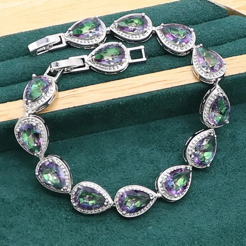 Conjunto de joyas de boda de plata 925 con topacio arcoíris y gota de agua para mujer, pulsera de fiesta, pendientes, collar, colgante, anillo