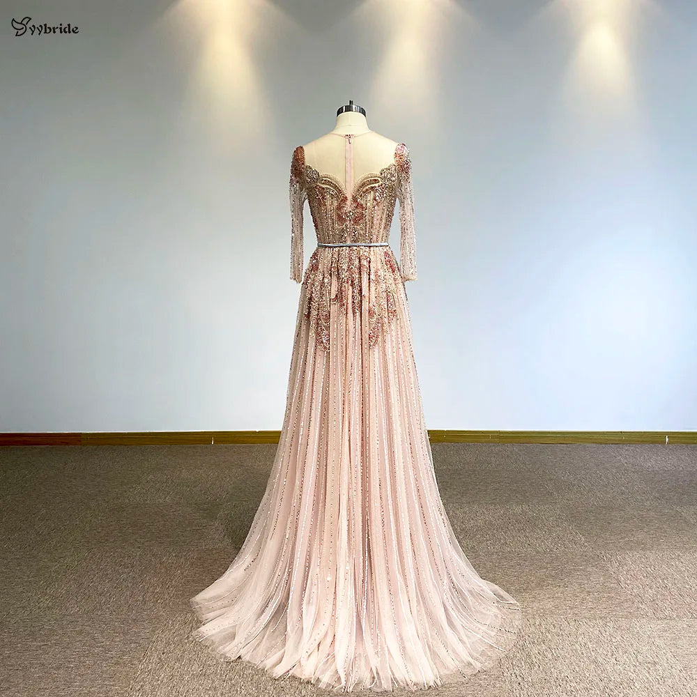 YYbride Newest V Neck Long Sleeves Light Pink Floor Length Evening Dress Colorful Crystals Customized Service Celebrity Dresses