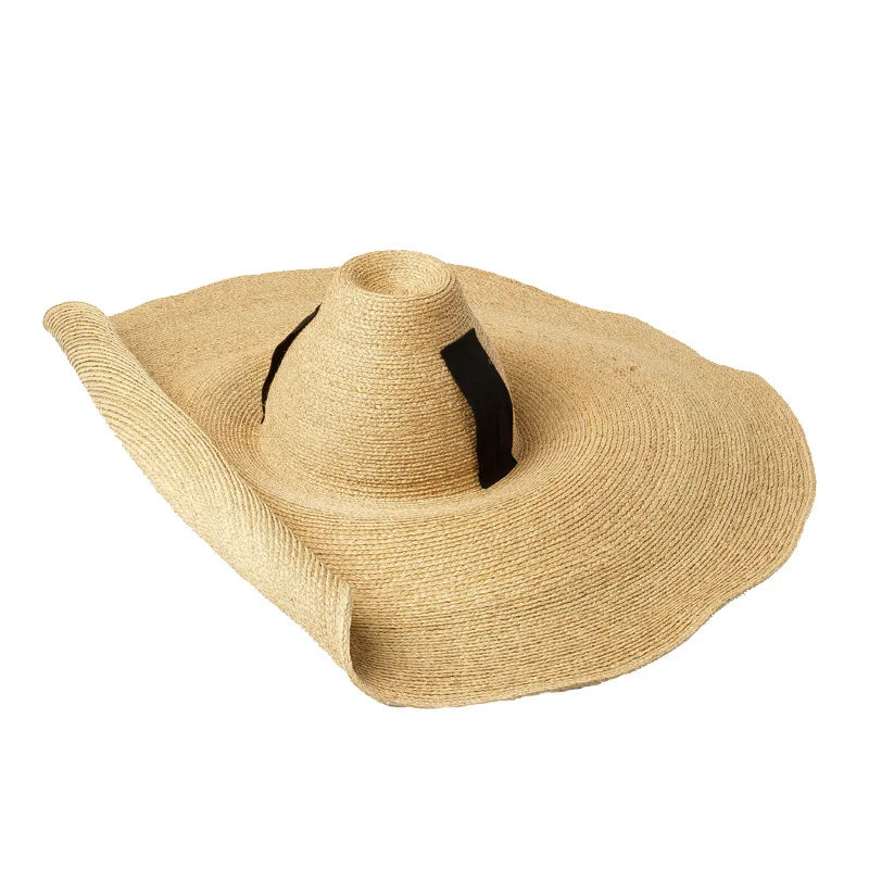 Sombrero de paja de gran tamaño para mujer, sombrero de ala ancha para el sol de verano, tejido a mano, con tirantes altos y cónicos, sombrero de playa grande de rafia, moda 2021