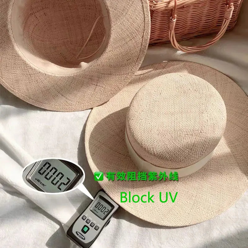 Sombrero de paja de alta calidad hecho a mano con parte superior plana de Treasure Grass de Filipinas, sombrero Fedora de moda para primavera y verano para mujer, sombrero para el sol en la playa