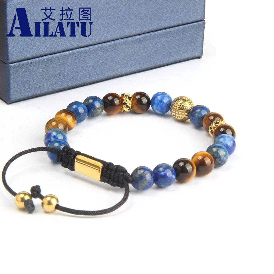 Ailatu - Pulsera de macramé con cruz de acero inoxidable de 10 piezas con cuentas de piedra de ojo de tigre y lapislázuli natural de 8 mm de máxima calidad