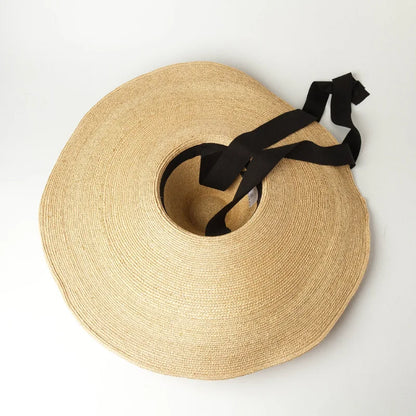 Sombrero de paja de gran tamaño para mujer, sombrero de ala ancha para el sol de verano, tejido a mano, con tirantes altos y cónicos, sombrero de playa grande de rafia, moda 2021