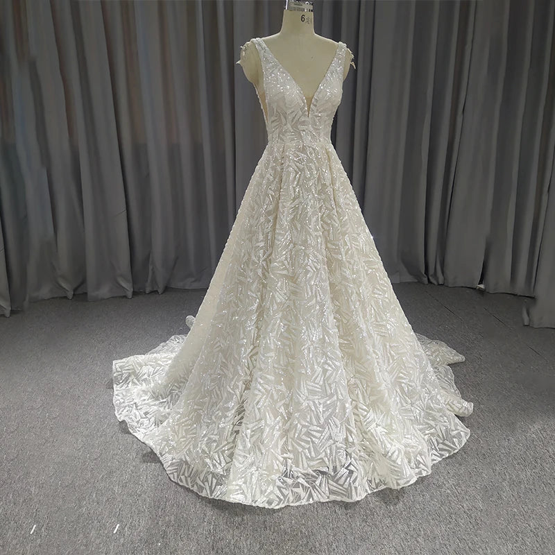 LSQX10 Robe de mariée de luxe 2020 Robe de bal à lacets dans le dos Manches courtes Dentelle cristal perlé Robe longue