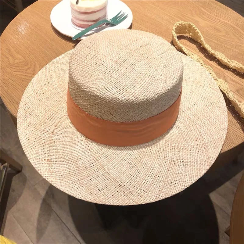 Sombrero de paja de alta calidad hecho a mano con parte superior plana de Treasure Grass de Filipinas, sombrero Fedora de moda para primavera y verano para mujer, sombrero para el sol en la playa