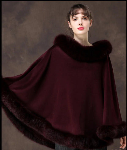 Women's Winter Cashmere and Wool Capes Best Fox Fur Trim Warm Wraps Poncho Party Dinner