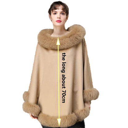 Women's Winter Cashmere and Wool Capes Best Fox Fur Trim Warm Wraps Poncho Party Dinner