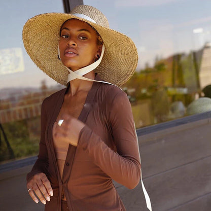 Nuevos sombreros de vaquero de paja de ala ancha y plana hechos a mano con hierba marina para mujer, sombrero personalizado de verano para viajes al aire libre, sombrero de visera de lujo para la playa