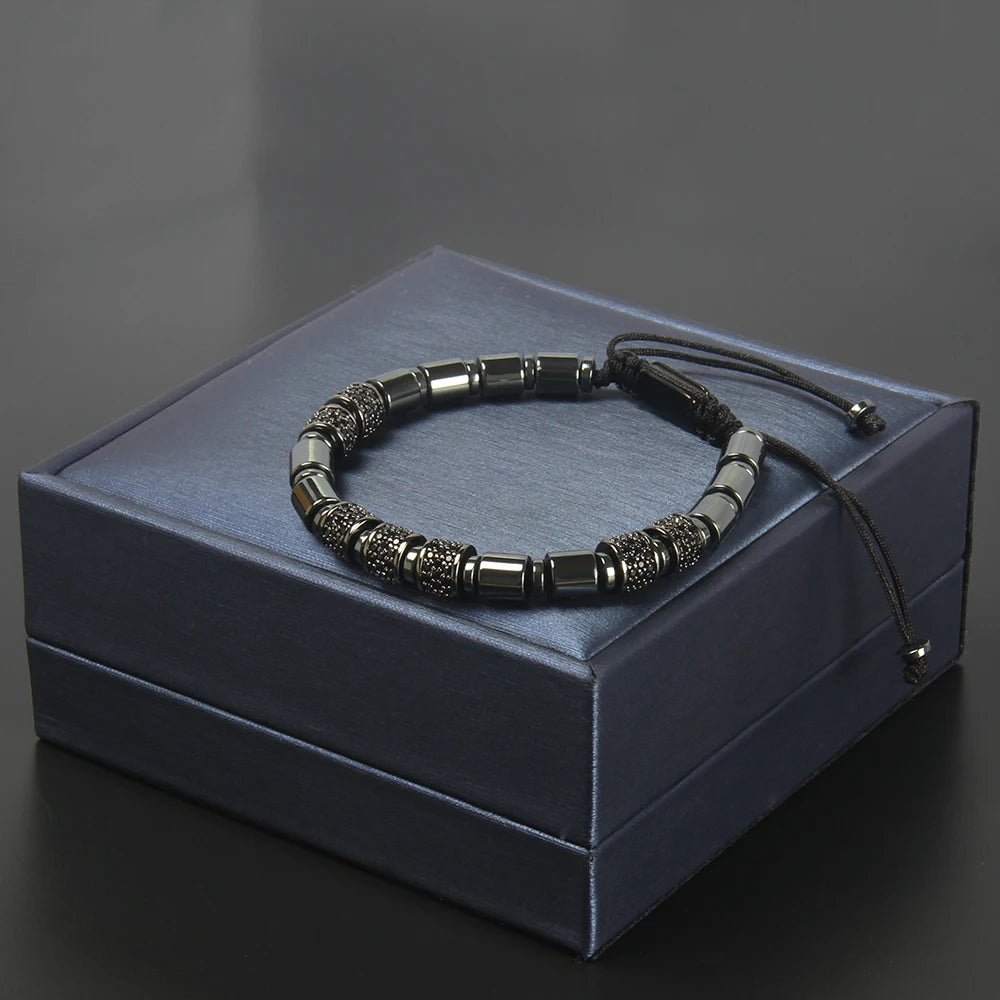 Ailatu 10 Pieces High Quality Luxury Men Jewelry Balck CZ Tube Beaded Cylinder Macrame Bracelet Free Logo Service Drop Shipping