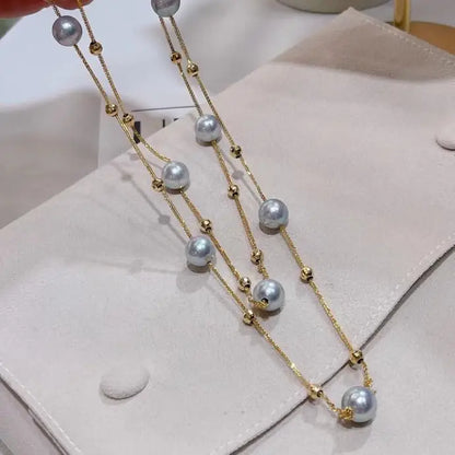 Collar de perlas de suéter de estrella de oro de 18 quilates, colocación de cáñamo real de 6 a 7 mm, perla ligera y cálida como el jade, es redonda y fina para usar en tiempo libre