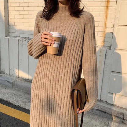 Women Winter basic Long Sweater Dress Turtleneck long sleeve Elegant solid color brief slim Knitted dresses pullovers