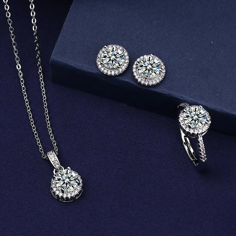 Ensemble de bijoux en diamant de laboratoire solitaire en argent sterling 925, bagues de mariage, boucles d'oreilles, collier pour femmes, bijoux de mariée en moissanite