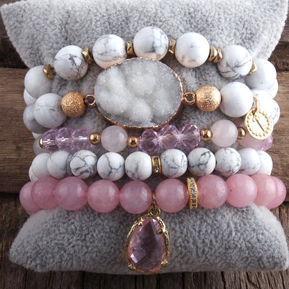 New Designer Boho Beaded Bracelet Set Natural Stone & Druzy 5pc Bracelets Bangles Set For Fashion Jewelry