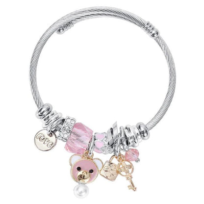 Pulsera de acero inoxidable con dije de oso de moda para mujer, joyería de alta calidad y tamaño abierto