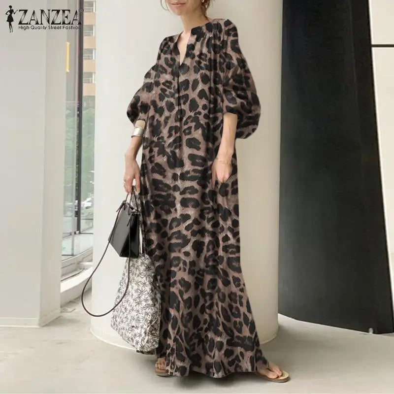 ZANZEA Vestido largo con estampado de leopardo para mujer, moda 2024, vacaciones de primavera, manga abullonada, vestidos largos, informal, cuello en V, bata de gran tamaño