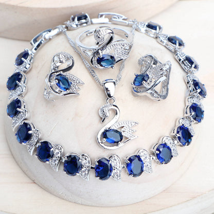 Conjuntos de joyería nupcial de moda para mujer en plata de ley 925 con circonita cúbica azul, pendientes de boda, anillos, pulseras, collar con colgante