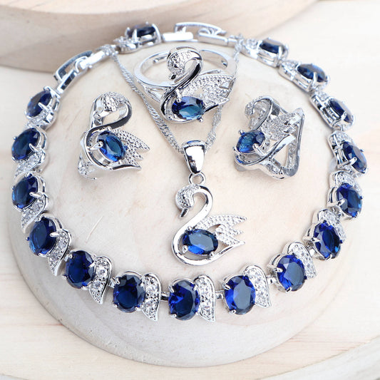 Ensembles de bijoux de mariée tendance pour femmes en argent sterling 925 avec zircone cubique bleue, boucles d'oreilles, bagues, bracelets, pendentif, collier