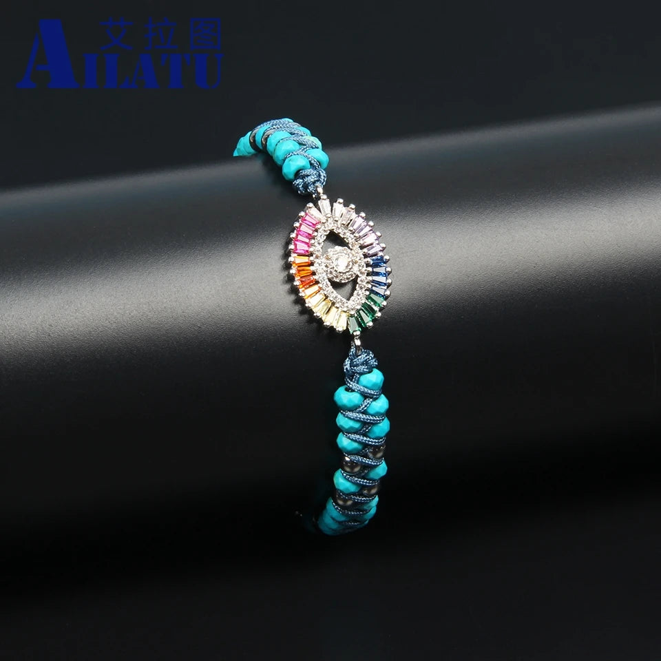 Ailatu Fashion Rainbow Cz Turkish Lucky Eye Boho Bracelet Woven Wrap Bracelet Unique Handmade Friendship Bracelet