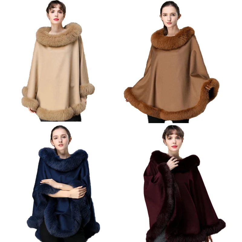 Women's Winter Cashmere and Wool Capes Best Fox Fur Trim Warm Wraps Poncho Party Dinner