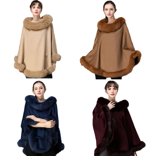 Women's Winter Cashmere and Wool Capes Best Fox Fur Trim Warm Wraps Poncho Party Dinner