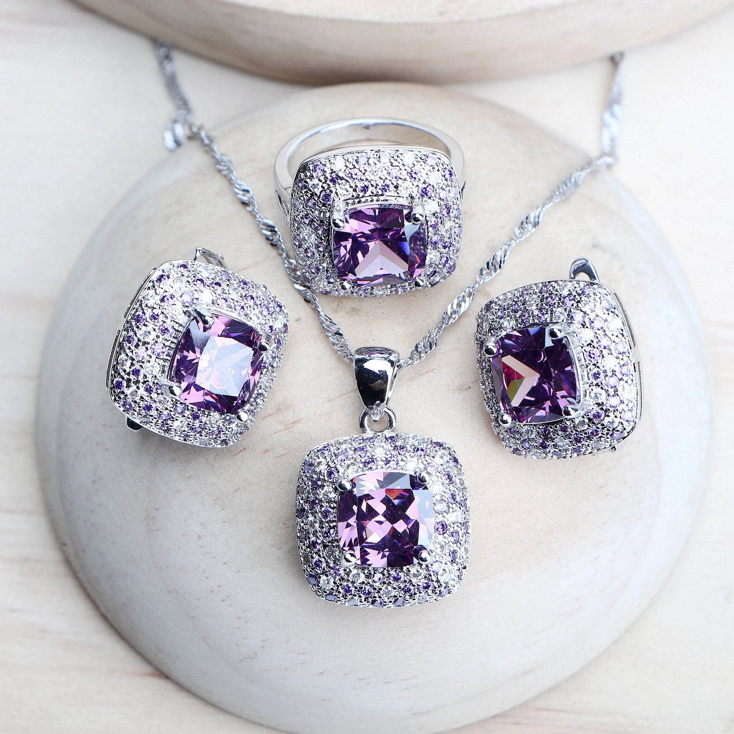 Parure de bijoux de mariée pour femme en argent 925 avec zircone violette, bijoux fantaisie raffinés, boucles d'oreilles, bagues, bracelets, pendentif, collier