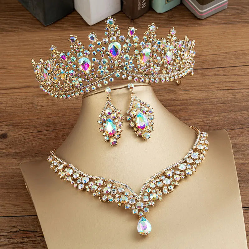 KMVEXO Gorgeous Crystal AB Bridal Jewelry Sets Fashion Tiaras Earrings Necklaces Set for Women Wedding Dress Crown Jewelry Set