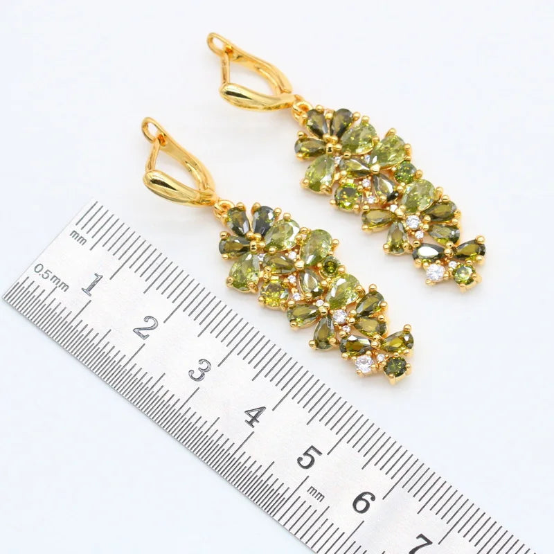 Conjuntos de joyas de lujo chapados en oro con peridoto verde para mujer, aretes, collar, colgante, anillo, pulsera, regalo de cumpleaños