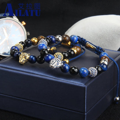 Ailatu New Blue Cz Panther Men Bracelet Wholesale 8mm Natural Tiger Eye Stone Macrame Leopard Jewelry with Stainless Steel Beads