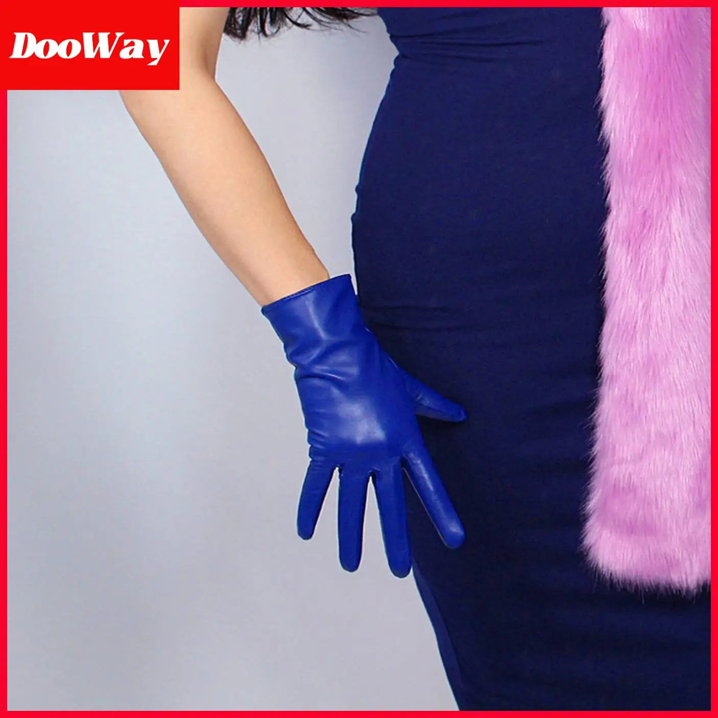 Gants en cuir véritable DooWay pour femmes, bleu royal, véritable peau de chèvre et de mouton, poignet court, vintage, classique, chaud, conduite, soirée