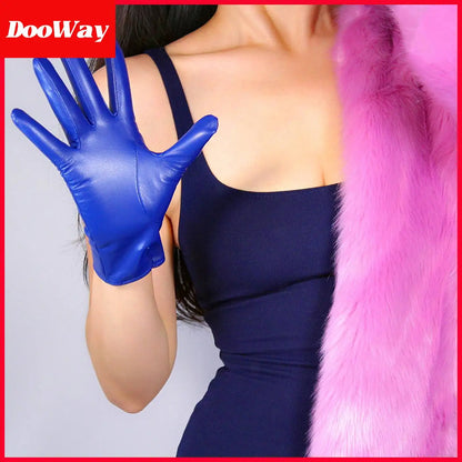 DooWay Women Real Leather Gloves Royal Blue Genuine Goatskin Sheepskin Wrist Short Vintage Classic Warm Driving Evening Glove