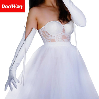 Guantes DooWay de piel sintética con cremallera y longitud de ópera para mujer, largos, con borlas, color blanco, de 24 pulgadas, para bodas, fiestas de noche, disfraces de cosplay