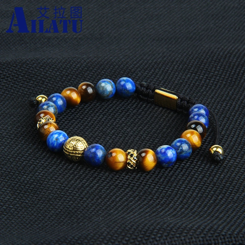 Ailatu 10 Pieces Stainless Steel Cross Macrame Bracelet with 8mm Nautural Lapis & Tiger Eye Stone Beads Top Quality