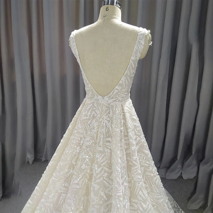 LSQX10 Luxury Wedding Dress 2020 Lace Up Back Ball Gown Short Sleeves Beaded Crystal Lace пляжное платье