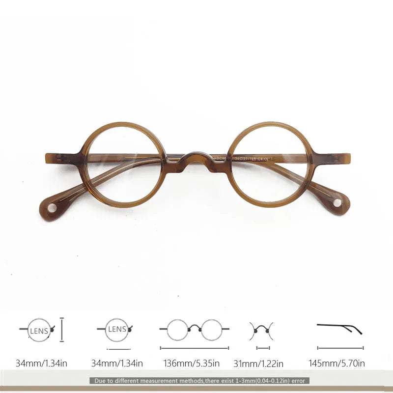 Lunettes de vue rétro optiques vintage transparentes marron à petite monture ronde en acétate pour myopie avec verres de diamètre 34 mm rétro