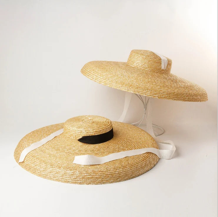 18cm Vintage Wide Brim Boater Sun Hat Big Floppy Women Summer Hat UV Sun Block Straw Hat Travel Derby Hat Beach Cap Black White