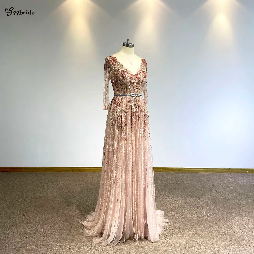 YYbride Newest V Neck Long Sleeves Light Pink Floor Length Evening Dress Colorful Crystals Customized Service Celebrity Dresses