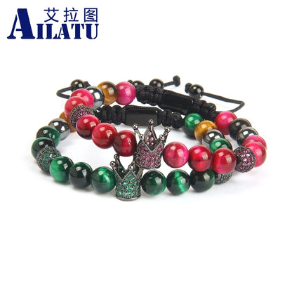 Ailatu Lot de 10 bracelets en forme de couronne pour couple, perles en pierre naturelle œil de tigre verte et rose, fil ondulé, bijoux en macramé