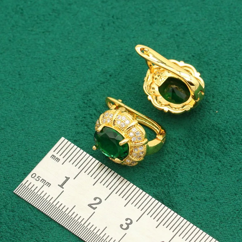 Nuevos conjuntos de joyas de color dorado para mujer, boda, pulsera de circonita verde, pendientes con clip para la oreja, collar, colgante, anillo, regalo, 4 piezas