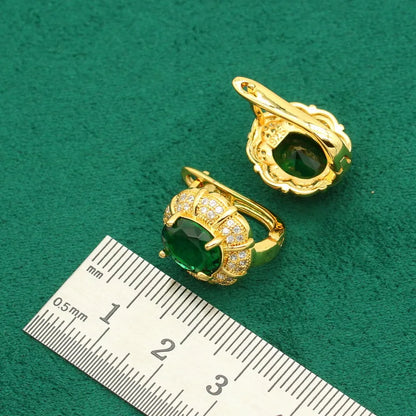 New Arrivals Gold Color Jewelry Sets For Women Wedding Green Zircon Bracelet Ear Clip Earrings Necklace Pendant Ring Gift 4PCS