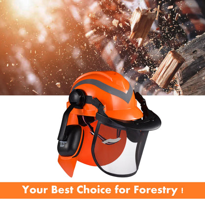 Casque de sécurité pour tronçonneuse forestière SAFEYEAR Pro avec cache-oreilles réglables 27SNR, visière en maille. Casque de sécurité de qualité approuvé EN397