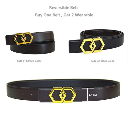 Men Luxury Belt High Quality Genuine Leather Waist Belt Stainless Steel Hexagon Buckle  ремни Gold Casual Jeans Luxury Brand