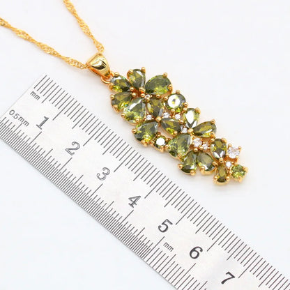 Parure de bijoux de luxe plaquée or avec péridot vert pour femme, boucles d'oreilles, collier, pendentif, bague, bracelet, cadeau d'anniversaire