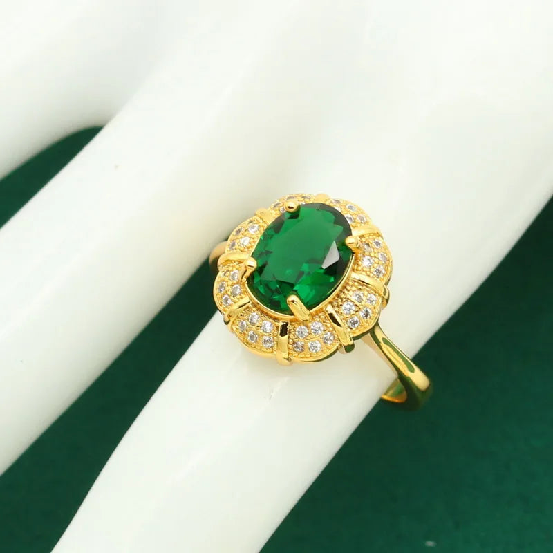 Nuevos conjuntos de joyas de color dorado para mujer, boda, pulsera de circonita verde, pendientes con clip para la oreja, collar, colgante, anillo, regalo, 4 piezas