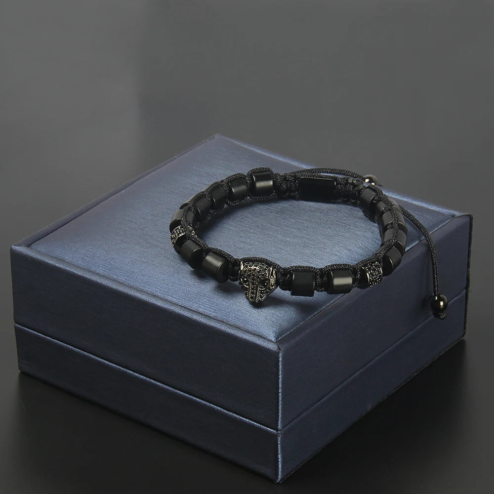 Ailatu High Quality Luxury Men Jewelry Balck CZ Leopard Macrame Bracelet Free Logo Service Drop Shipping