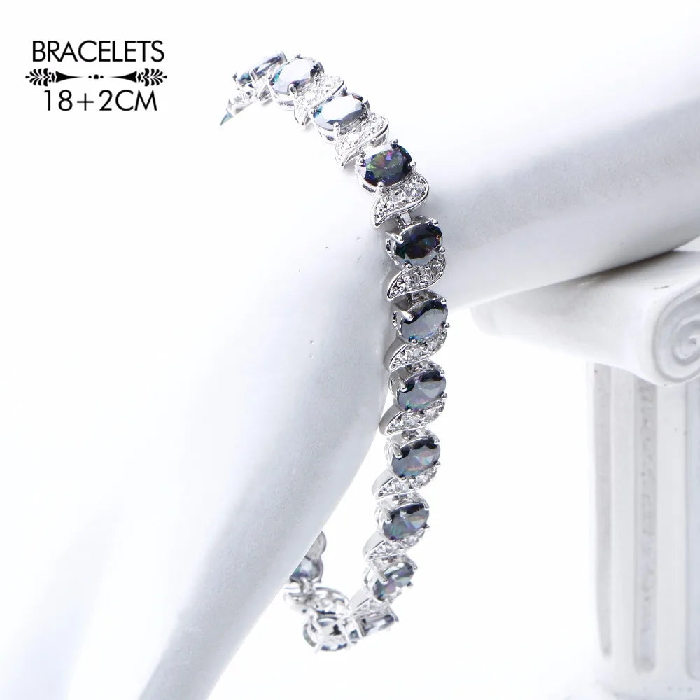 Ensembles de bijoux arc-en-ciel naturels en argent sterling 925, boucles d'oreilles de mariage avec pierres pour femmes, bracelet, collier, bagues, coffret cadeau