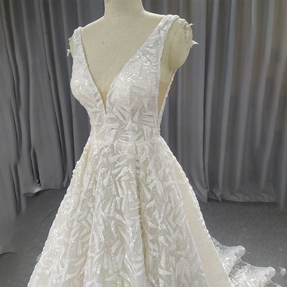 LSQX10 Luxury Wedding Dress 2020 Lace Up Back Ball Gown Short Sleeves Beaded Crystal Lace пляжное платье