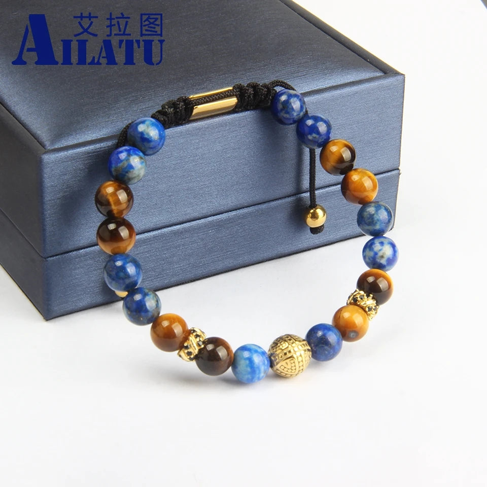 Ailatu - Pulsera de macramé con cruz de acero inoxidable de 10 piezas con cuentas de piedra de ojo de tigre y lapislázuli natural de 8 mm de máxima calidad