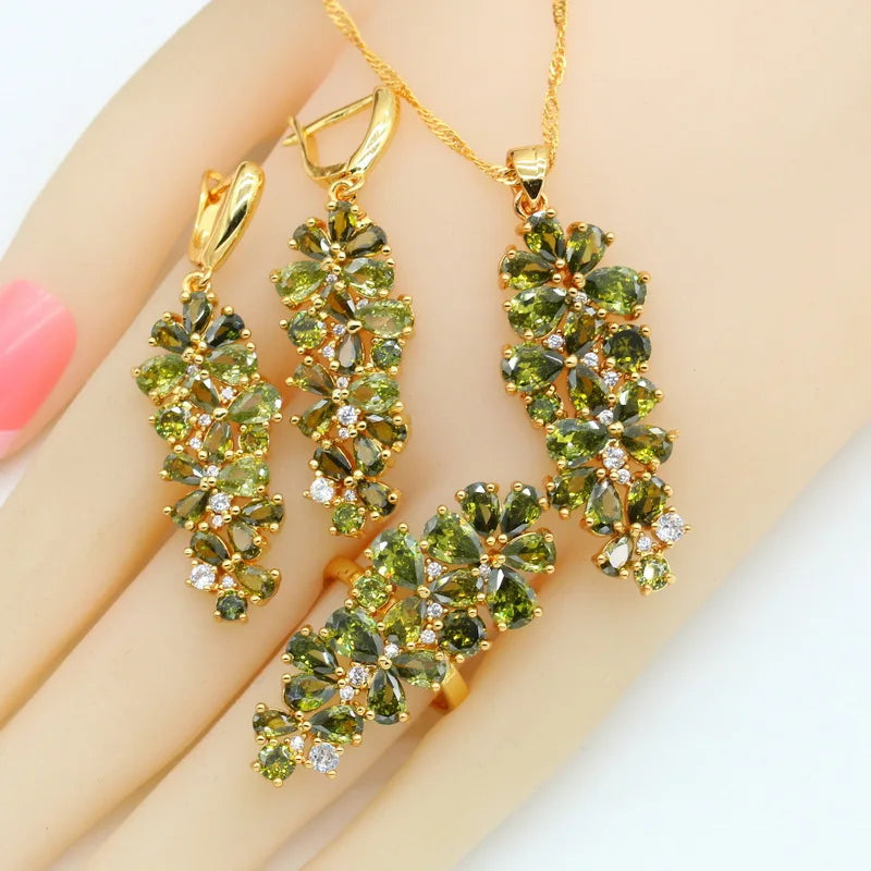 Luxury Green Peridot Gold Plated Jewelry Sets for Women Earrings Necklace Pendant Ring Bracelet  Birthday Gift