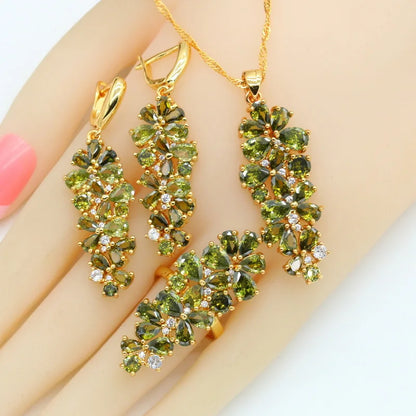 Conjuntos de joyas de lujo chapados en oro con peridoto verde para mujer, aretes, collar, colgante, anillo, pulsera, regalo de cumpleaños